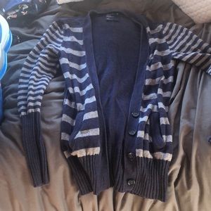 Striped navy blue and gray cardigan